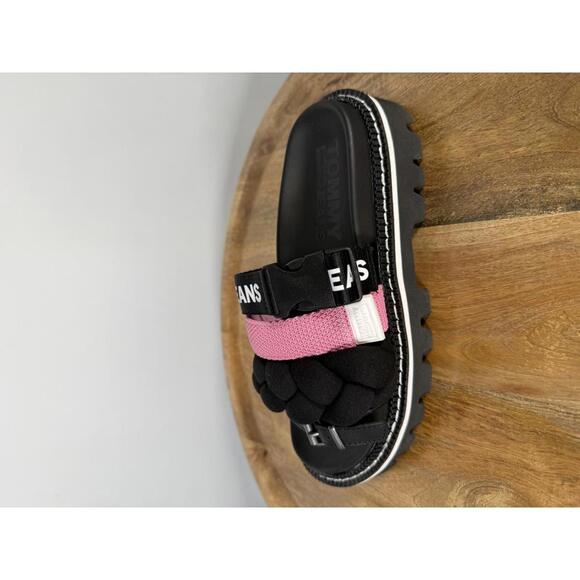 NWB Tommy Jeans Black Pink Braided Strap Slide Sandals Women’s Designer Size 6 - Picture 10 of 10